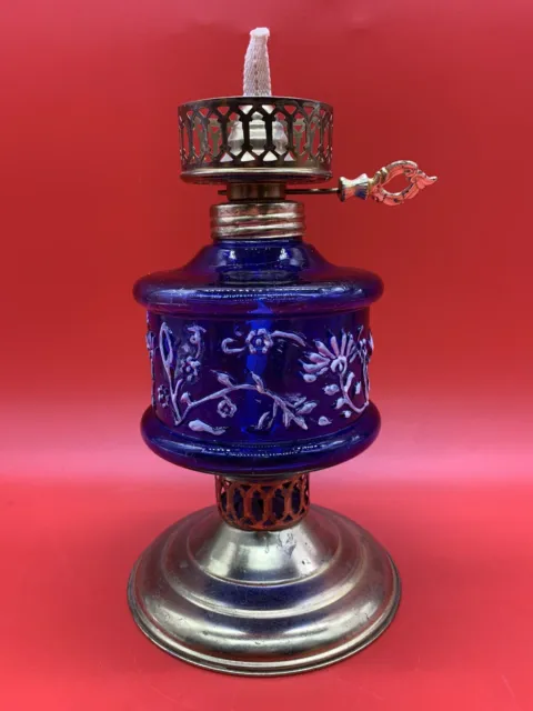 Vintage COBALT BLUE OIL LAMP WITH BRASS BURNER & Bottom With Etched Pattern 9”