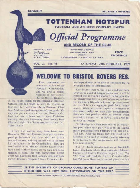 Tottenham Hotspur (Spurs) v Bristol Rovers Reserves 28 February 1959 Programme