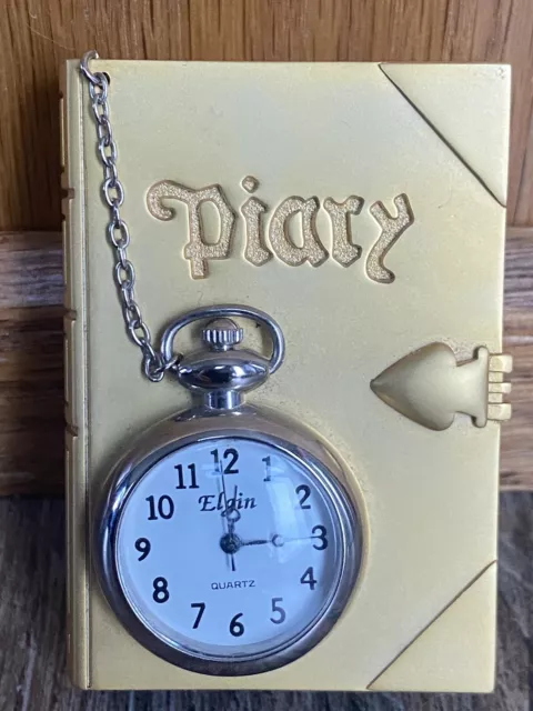 ELGIN MINIATURE CLOCK Quartz Gold Plated Diary Book Novelty Pocket