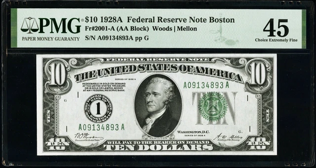 1928A Federal Reserve Boston Woods/Mellon $10 Note PMG Choice EF 45 Fr#2001-A