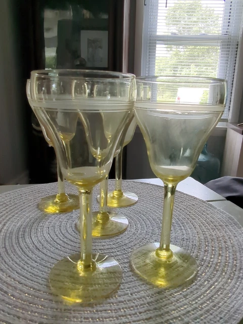Rare Vintage Yellow/Amber Etched Stemware Wine Glass/Flute 7" Retro Concentric