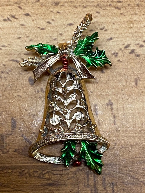 Vintage Gold Tone Bell Enamel Christmas Pin Brooch 2 1/4"