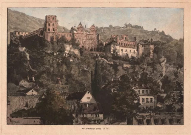 Heidelberg, Schloss, kolorierter Original-Holzstich von ca. 1880