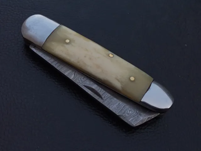 Damascus Steel Custom Made Pocket Folding Knife Bone Handle W/Sheath J144