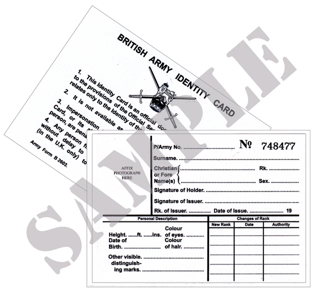 WW2 BRITISH ARMY Identity Card - Army Form B 2603 - (Exact Copy) £5.00 ...
