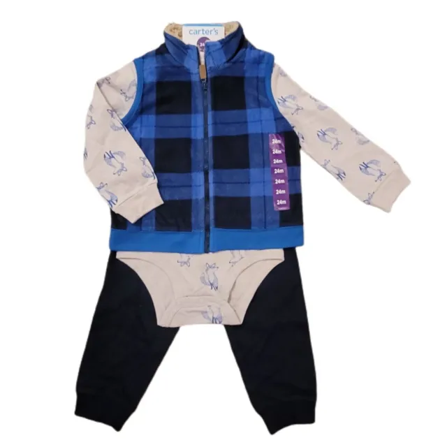 New Carters Baby Boys 3 Piece Set Blue Plaid Vest Fox Bodysuit Pants Size 24M