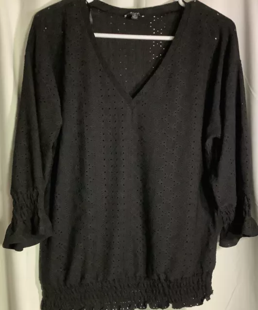 AUW Black Eyelet V - Neck Blouse, 3/4 Length Sleeve,  Elastic Waist, Size Medium