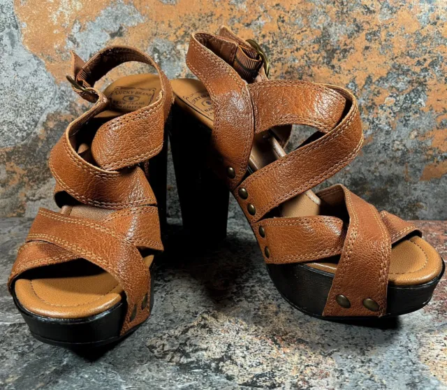 LUCKY BRAND Heels Womens Size 8 Brown TESSA Leather Strappy Wood Block Sandals