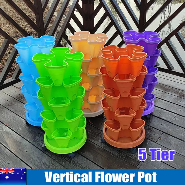 5 Tier Flower Pots Vertical Garden Strawberry Herbs Stackable Planters Wheels