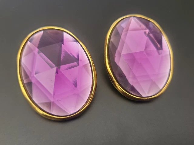 Ben Amun Purple Large Faceted Acrylic Designer Signed Vintage Clip On Earrings