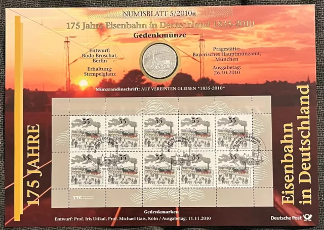 BRD Bund Numisblatt 5/2010 175 Jahre Eisenbahn in Deutschland 10 Euro