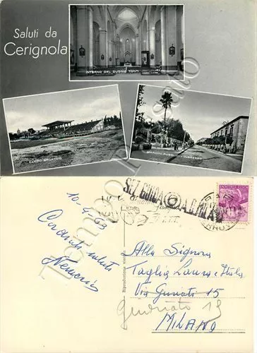 Cartolina Saluti da Cerignola, campo sportivo e giardini - Foggia, 1963