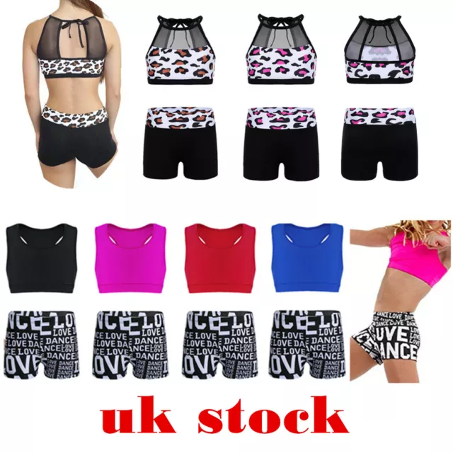 UK Girls 2-Piece Dancewear Kids Gymnastics Sport Crop Top+Shorts Costume Outfits