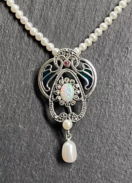 Pendentif Art Nouveau Opale , Rubis, Markassite & Émail 925er Argent