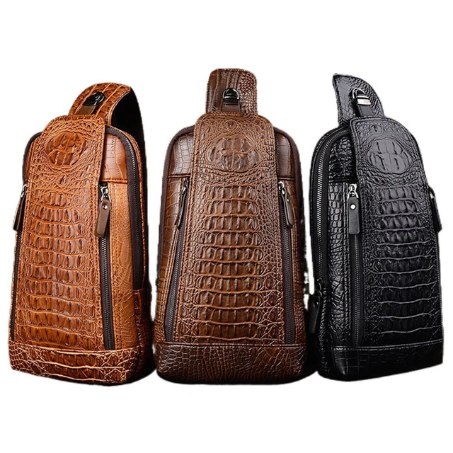 Mens Luxury Crocodile Pattern Chest Sling Backpack Leather Crossbody Travel Bag
