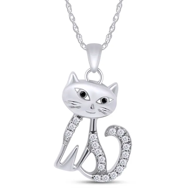 Cute Cat Pendant Necklace Simulated Diamond Solid Sterling Silver