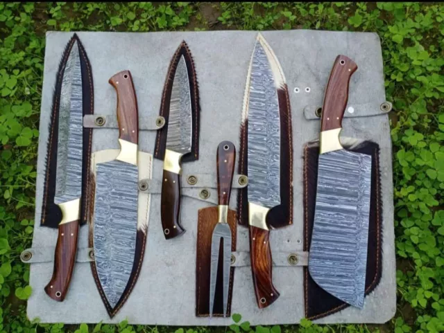 Custom Handmade HAND FORGED DAMASCUS STEEL 6 PCS CHEF KNIFE Set Kitchen Knives