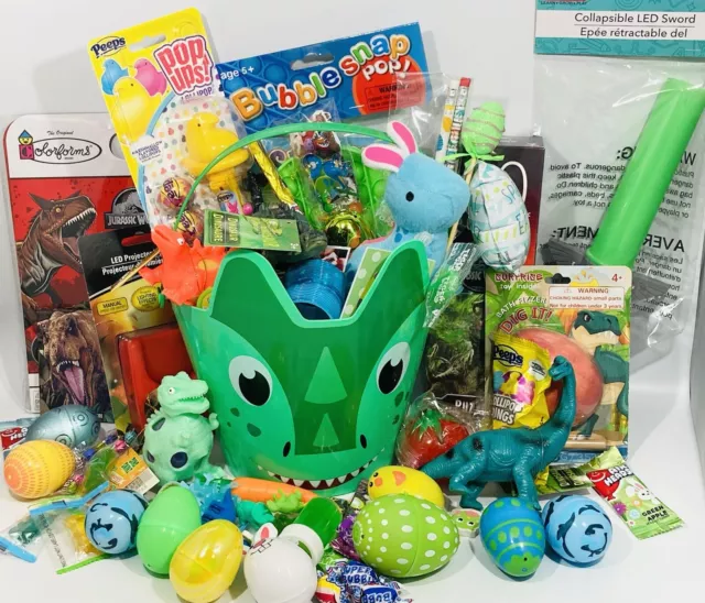 Dinosaur Easter Basket Filled W/ Candy, Toys & Chocolates 45pcs Kids Easter Toy