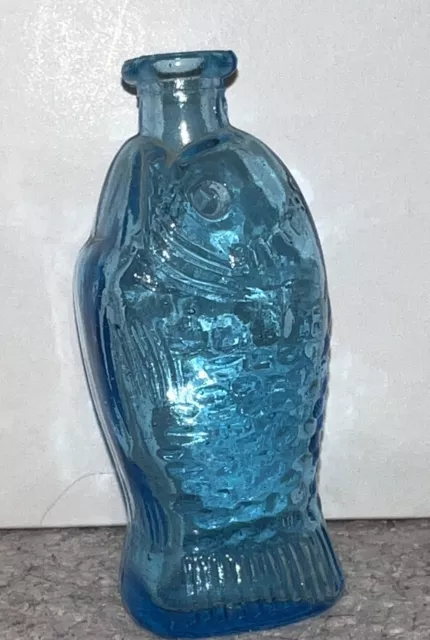 Vintage Miniature Fish Dr Fisch’s Bitters Aqua Glass Bottle 3" Tall Taiwan