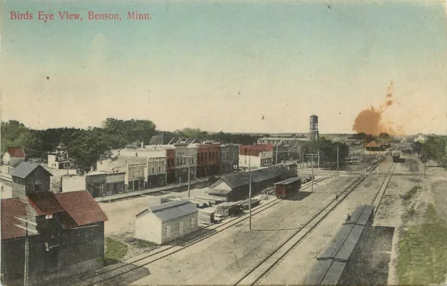 Hand-Colored Postcard; Benson MI Birdseye View, RR Cars, Swift County