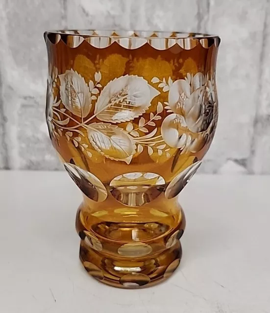 Antique Bohemian Art deco Czech Fancy Cut Amber to Clear Glass Large Tumbler