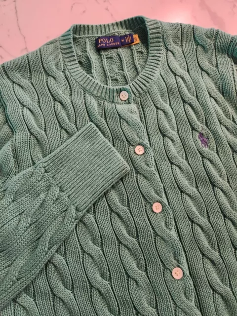 Polo Ralph Lauren  Grenn Cable Knit 100% Cotton Cardigan Sweater Medium