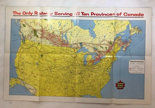 1960 CANADIAN NATIONAL RAILWAYS Railroad MAP Across Canada