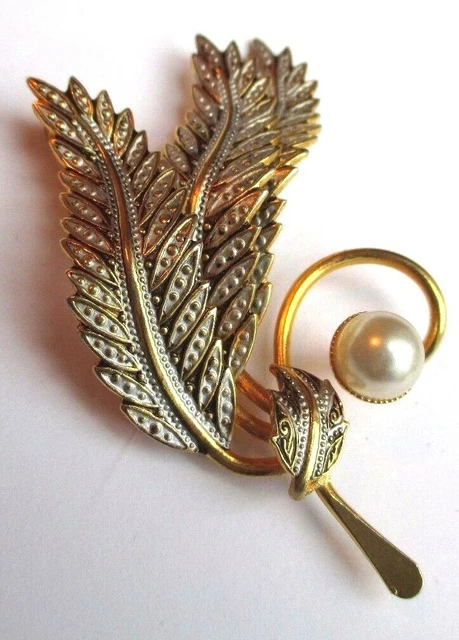 Broche Ancienne Feuille De Fougère En Perles Nacrées Et Laiton - Occasion - Bijou Vintage