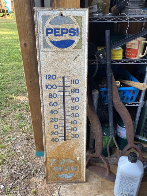 VTG Original Gas Station 1970s Metal Pepsi Cola Thermometer / Sign 28”x7” (EY)