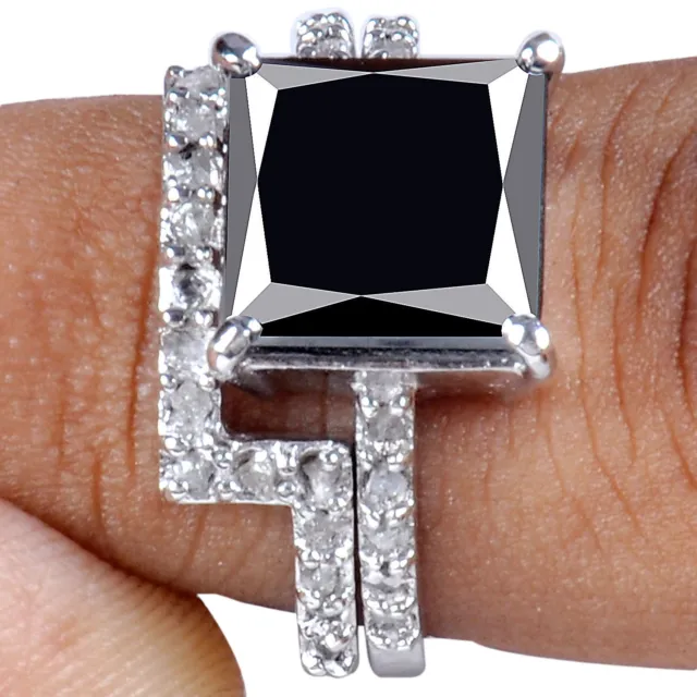 5.4+Ct Black Color Moissanite & White Natural Raw Diamond 925 Silver Bridal Ring
