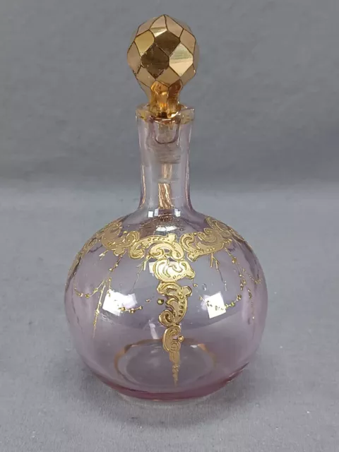 Bohemian Moser Style Raised Gold Scrollwork & Bead Swags Amethyst Glass Cruet 2