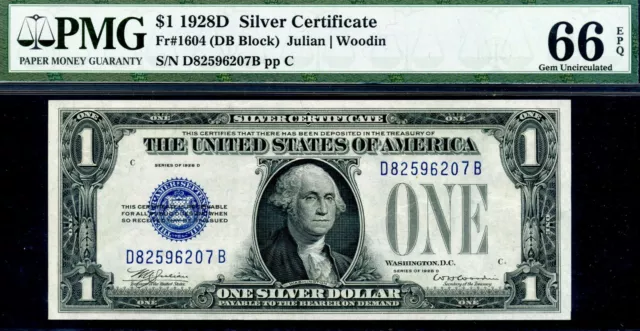 1928D $1 Silver Certificate PMG 66EPQ popular DB block blue seal Fr 1604 596207