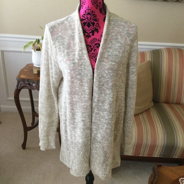 Eileen Fisher Beige Linen Cotton Knit Open Front Cardigan Sweater L Hi Lo EUC