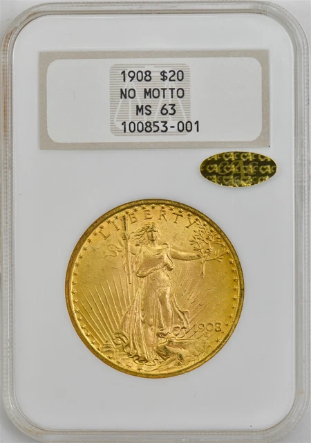 1908 $20 Saint Gaudens No Motto MS63 NGC ~ Gold CAC 945657-7