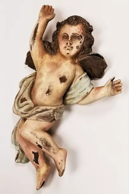 Antique Carved Wood Painted French / Italian Church Altar Angel Cherub Putti 15"