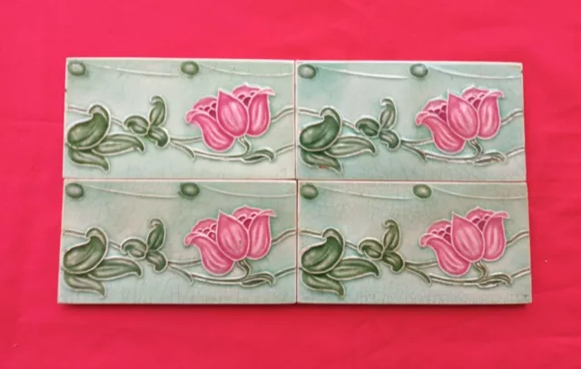 4 Piece Old Art Flower Design Embossed Majolica Ceramic Tiles Japan 0138