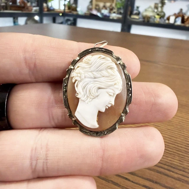 Broche Ancienne Pendentif Camée Profil Féminin - Argent 100% - Époque Vers 1900 - Occasion - Bijou Vintage Et Collection