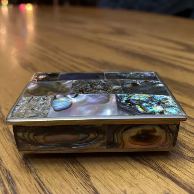 Vintage Abalone Shell and Wood Lined Silver Trinket Box Jewelry Box