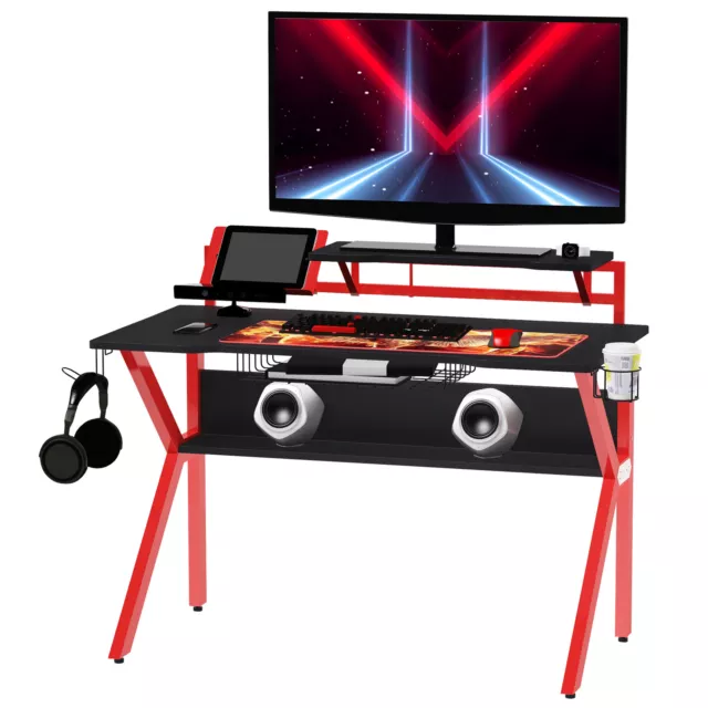HOMCOM Gaming Desk Computer Table w/ Cup Holder Headphone Hook, Basket, Red