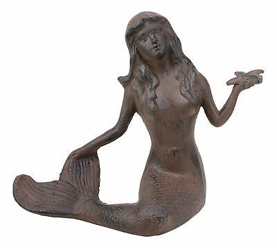 13"L Cast Iron Large Nautical Siren Mermaid Holding Starfish Statue Rust Finish