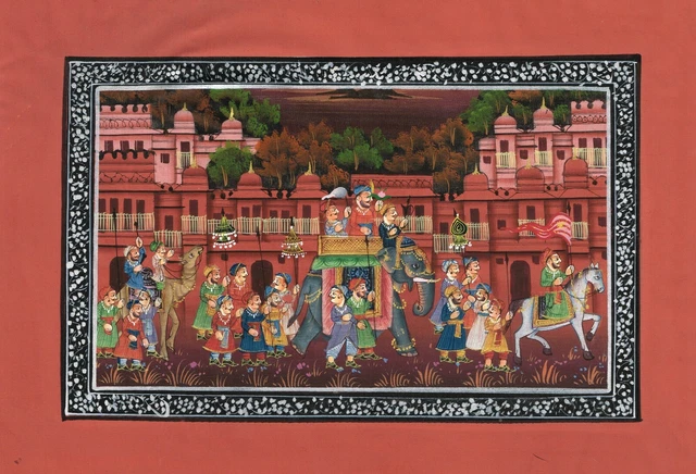 Main Indien Peinture Miniature De Maharaja Cortege Art Sur Soie Vêtements