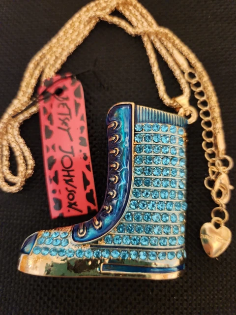 Betsey Johnson Blue  Enamel and Blue Crystal Rhinestone Boot Pendant Necklace