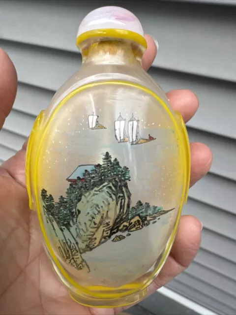 Vintage Inside Reverse painted Chinese snuff bottle Carved Peking Cameo Glass