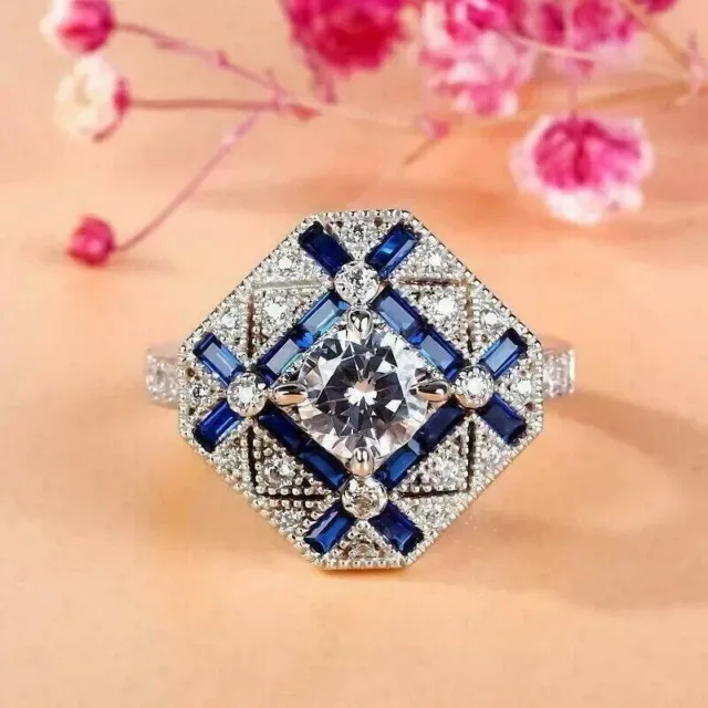 Art Deco Design Wedding Ring 14K White Gold Plated 2.1Ct Simulated Diamond Round