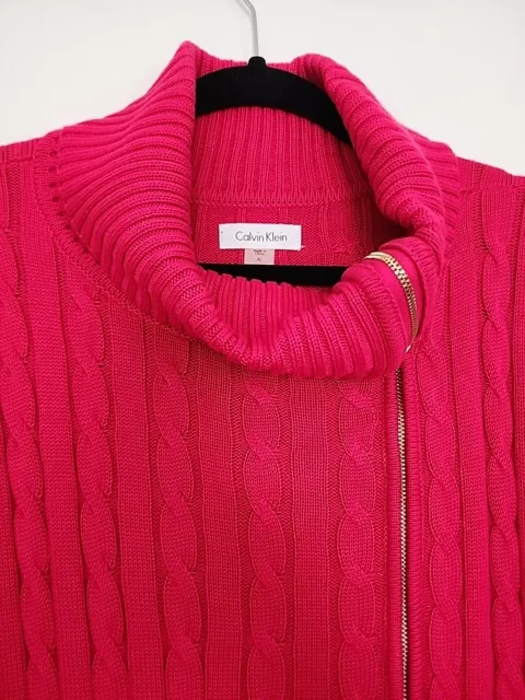 CALVIN KLEIN Womans XL Full Front Zip Sweater Dress Cable Knit Pink 3