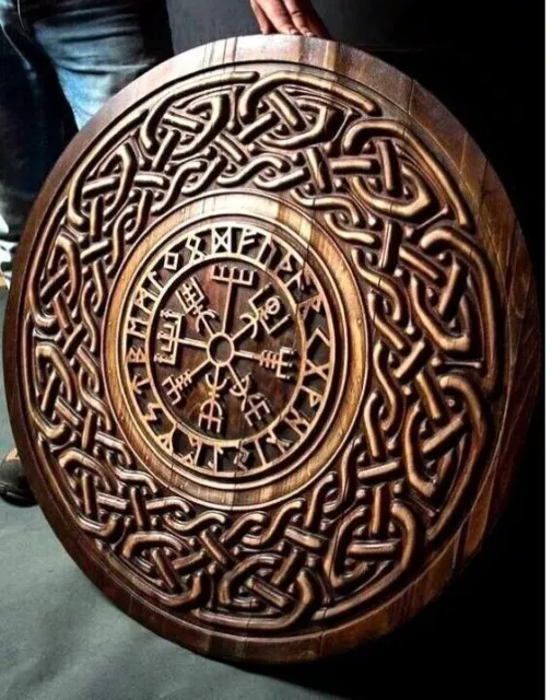 Escudo vikingo nórdico de 24 pulgadas, talla de madera medieval, adorno...