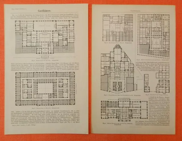 Gasthäuser  Hotel Grundrisse Berlin  Frankfurt Paris  Continental Holzstich 1894