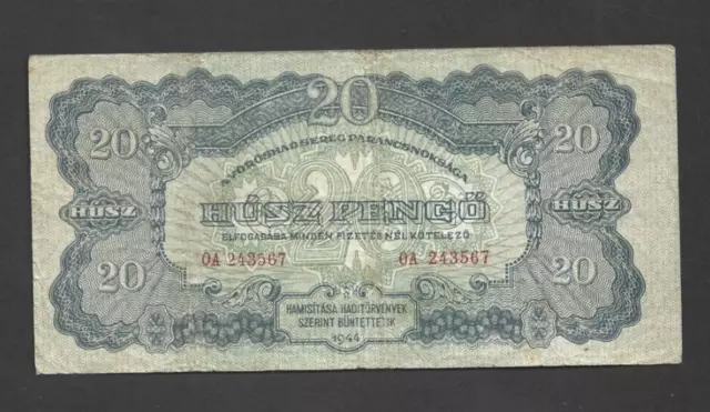 20 Pengo Very Fine Banknote From Russian Occupied Hungary 1944  Pick-M6