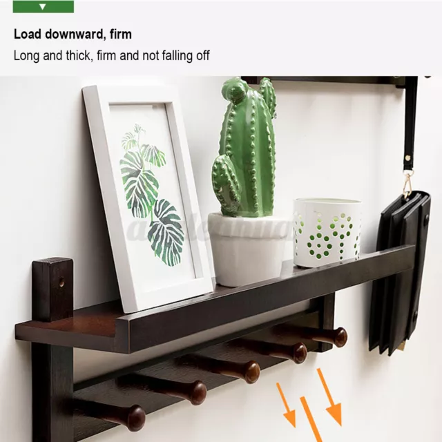 5 Hooks Entryway Coat Rack Hat Key Holder Bag Wall Mount Hanger Wooden Shelves