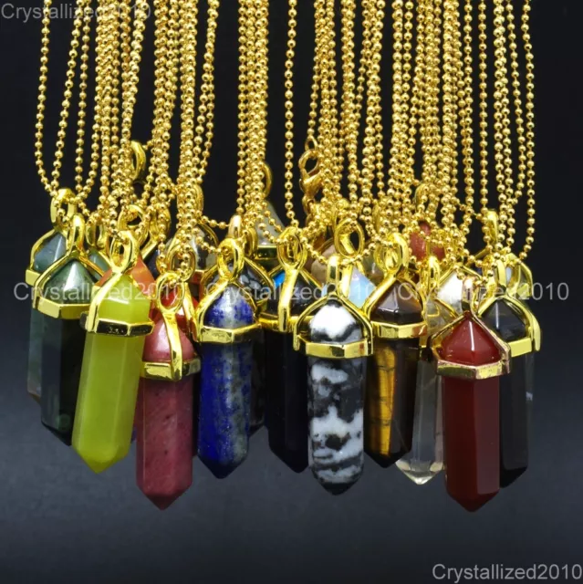 Natural Gemstones Hexagonal Pointed Reiki Chakra Pendant 18K Gold Chain Necklace